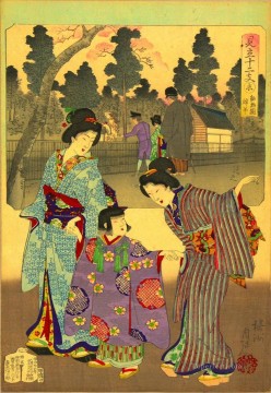 three women at the table by the lamp Painting - One man in the inset wearing Western style clothes compared to the women Toyohara Chikanobu